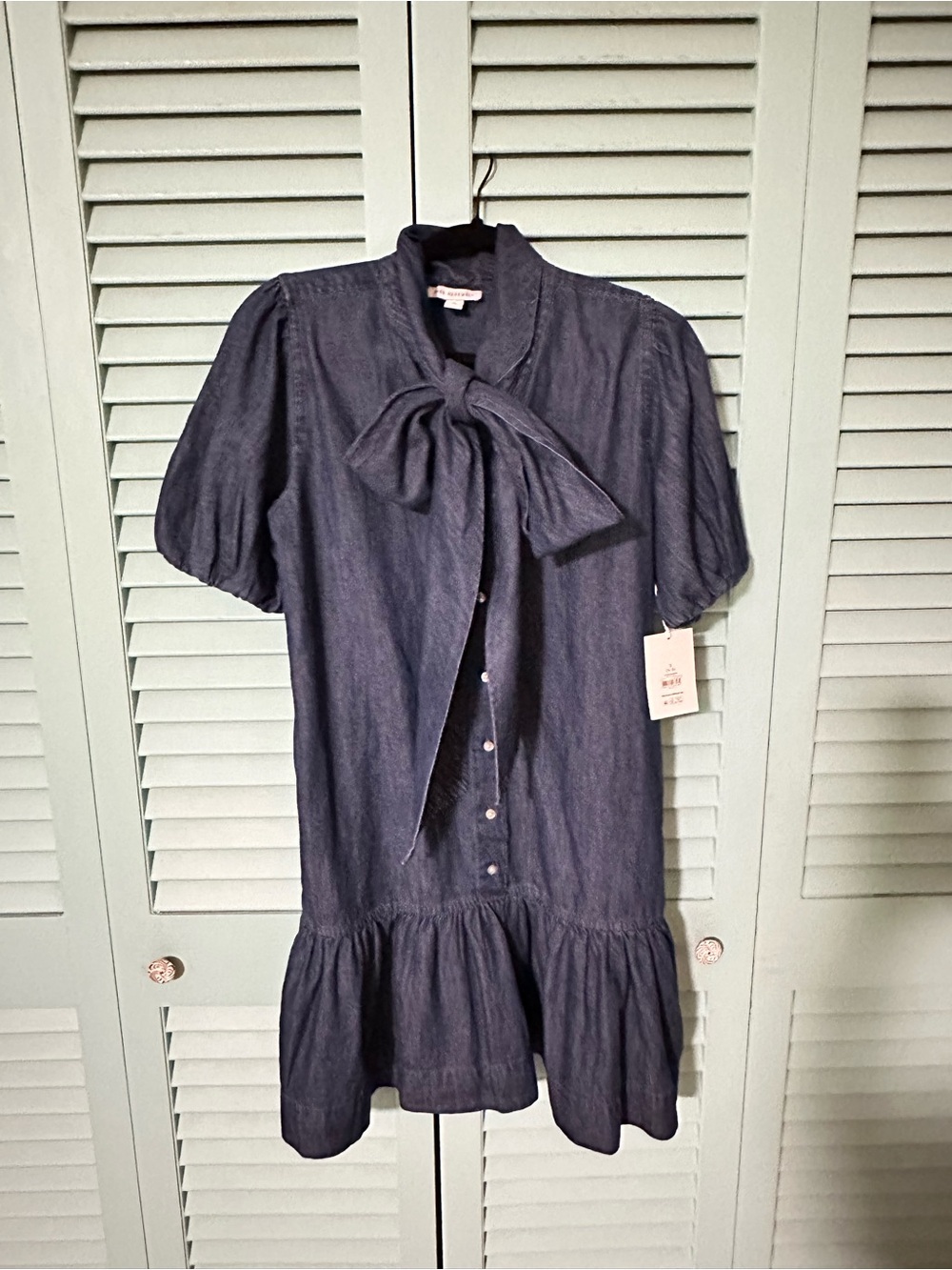 Bow-Tie Denim Mini Dress in Navy